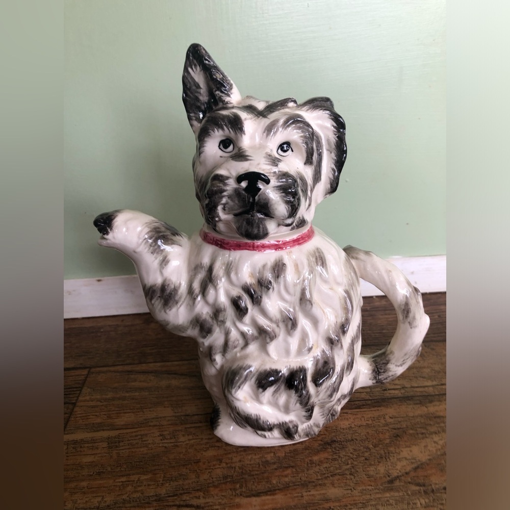 Vintage Terrier Dog Porcelain Teapot 9” Tall Black White Puppy Pitcher kitsch